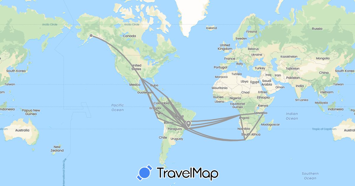 TravelMap itinerary: driving, plane in Angola, Brazil, Colombia, Ecuador, Peru, Tanzania, United States, Venezuela, South Africa (Africa, North America, South America)